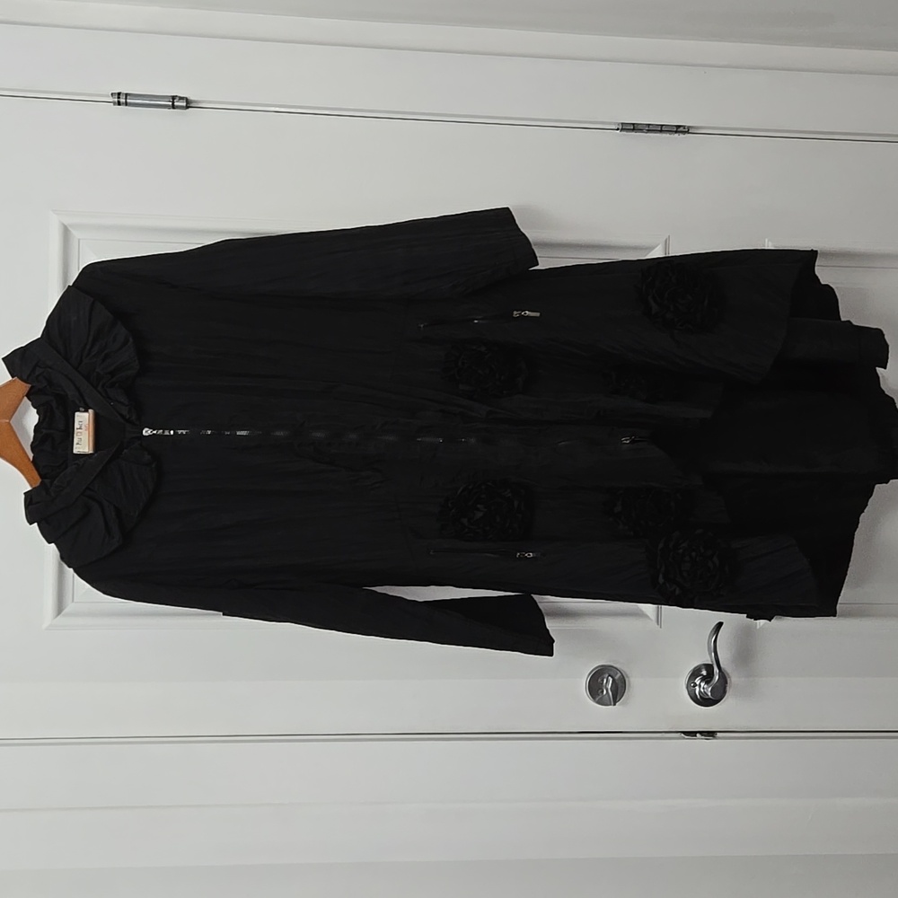Elegant Long Fancy  Coat with Fabric Floral Accents.  Please See Video P2P 22